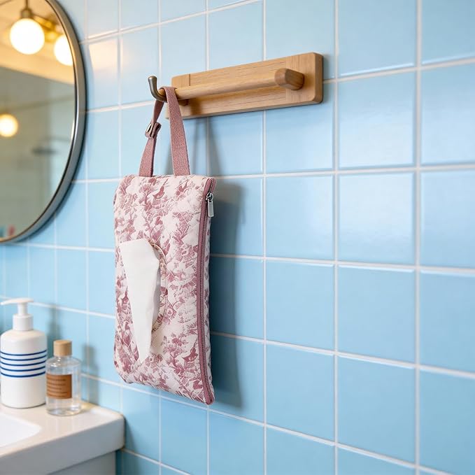 Quilted Baby Wipe Holder, Canvas Floral Quilted Pouch with Hanging Strap, Portable Diaper Wipe Holder for Travel Stroller-Classic Pink