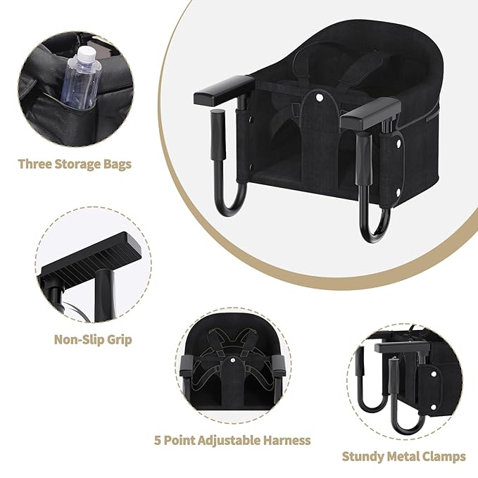 Portable Hook On High Chair for Babies & Toddlers from 6-36 Months,Clip On Baby Seat for Table,Fits Tables 0.8" to 3.5" Thick,Easy Clean Feeding Chair with Carry Bag for Travel,Black
