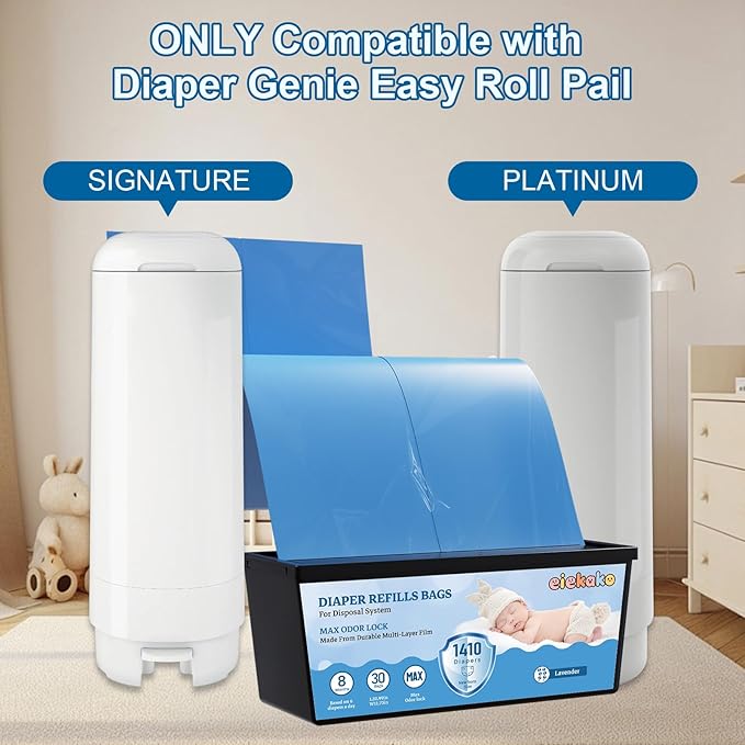 Diaper Refill Bag 7-Layer Odor Control Extra Thick for Genie Easy Roll & Platinum Pail, 3-Pack (90 Bags), Holds Up to 4200 Newborn Diapers