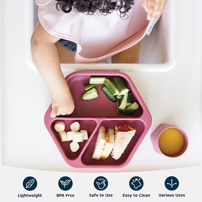 Tiny Twinkle Silicone Suction Baby Plate, Suction Grip Divided Dish for First Foods and Self-Feeding Toddlers, Baby Led Weaning Supplies for Independent Eating (Burgundy Plate with Lid)