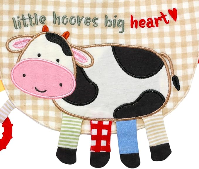 Baby Starters Embroidered Activity Bib with Teether, Crinkle, Touchable Ribbons, Farm Theme, Multicolored Cow