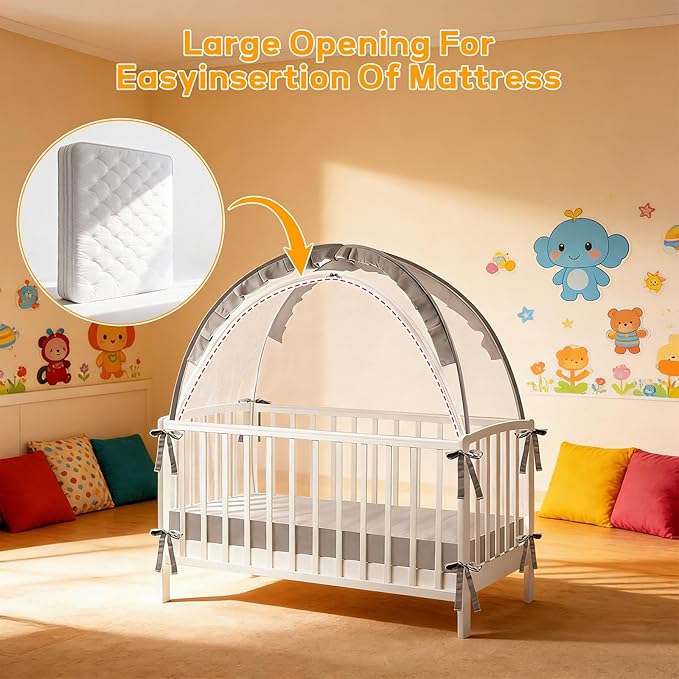 Crib Tent to Keep Baby in - Stop Climbing Out with Double Zipper & Strong Rods, Breathable Mesh Pop-Up Canopy for Easy Installation, Fits Standard Cribs