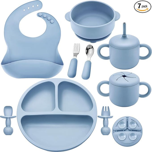 Bufims Silicone Baby Feeding Set, Baby Led Weaning Supplies, Eating Essentials Utensils with Suction Plate and Bowl, Pocket Bib, Sippy Cup with Lid, Forks Spoons Snack Container, for 6+ Months, Blue