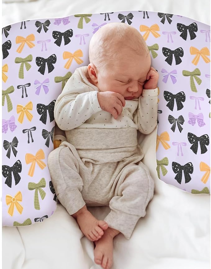 Colorful Halloween Bows Baby Nursing Pillow Covers for Boy Girl Fall Autumn Bows Nursery Pillowcase for Breastfeeding Pillows Spooky Cute Girly Ribbons Soft Stretchy Slipcovers for Newborn Infant