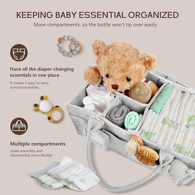 GEMII Diaper Caddy Organizer-Large Baby Caddy Organizer with Handle, Newborn Registry Essentials, Baby Shower Basket Gifts for Boys or Girls (Gray, Large)