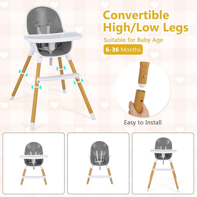 HONEY JOY High Chair, 3-in-1 Eat & Grow Highchair/Booster Seat/Toddler Chair w/Removable Tray, Safety Harness, Steel Legs, PU Cushion and Footrest for Baby, High Chair for Babies and Toddlers (Gray)