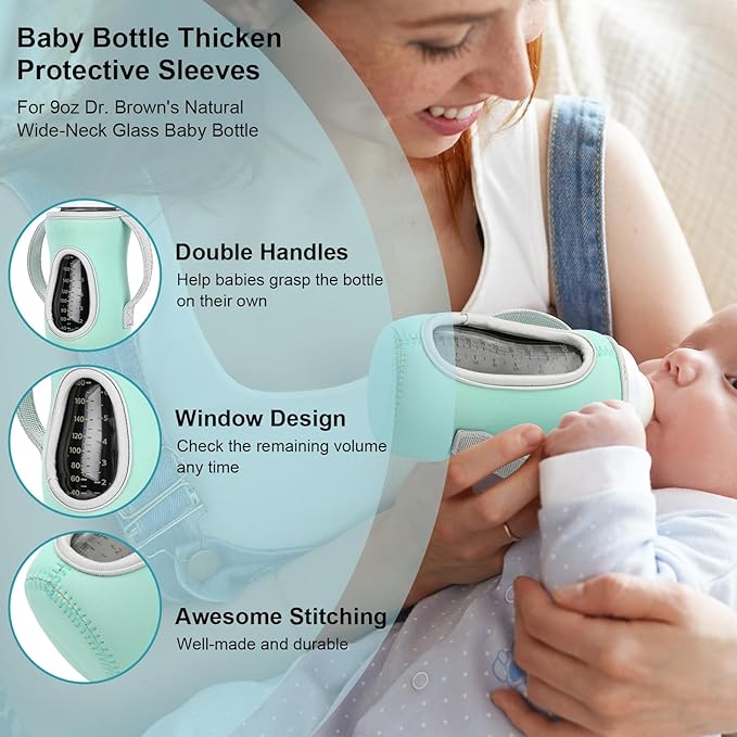 Beautyflier Glass Baby Bottle Sleeve Covers for Dr. Brown's Natural Flow Anti-Colic Wide-Neck Glass Baby Bottles, 3.3mm Thicken Heat and Cold Retention Baby Bottle Sleeve (Pink + Green, 9oz/270 mL)