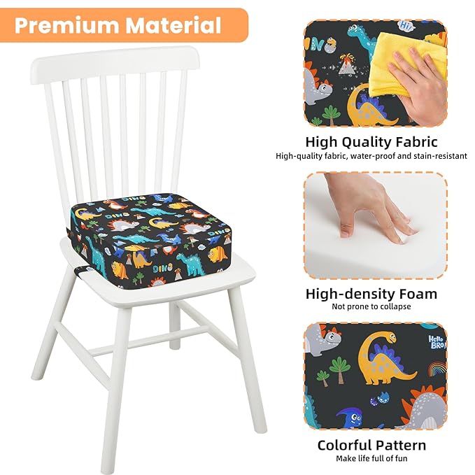 Toddler Booster Seat for Dining Table Kitchen Chair, Kids Booster Seat with Non-Slip Bottom and Adjustable Straps, 4" Detachable Washable Portable Travel Increasing Cushion (Dinosaur)