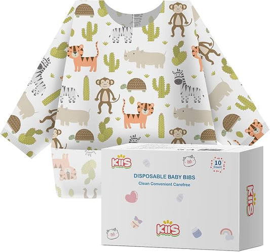 KIIS Disposable Baby Bibs, Waterproof Smock Bibs, Full Coverage for Toddlers & Kids, Mess-Free Feeding for Travel & Daycare