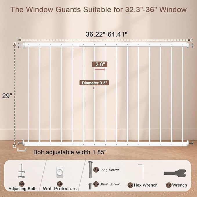 Fairy Baby Window Guards for Children Kids, Adjustable Wide 36.3" - 61.4" Child Safety Window Guard Prevents Accidental Falls, Home Security Childproof Interior Bar Guard for Windows Wide(2 Panels)