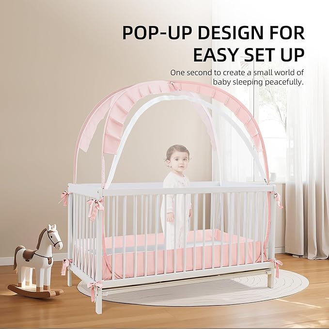 Lazyzzzz Crib Tent - Pop Up Crib Canopy with Double Zipper Self-Locked, Mosquito Net Mesh Crib Net to Keep Baby from Climbing Out, Portable Easy Install 55" L x 27" W x 51" H Pink