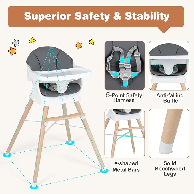 BABY JOY High Chair, Convertible Wooden Highchairs for Babies and Toddlers, Converts to Booster Seat & Stool with Adjustable Legs, Removable Tray, Safety Harness, Waterproof PU Cushion (Gray)