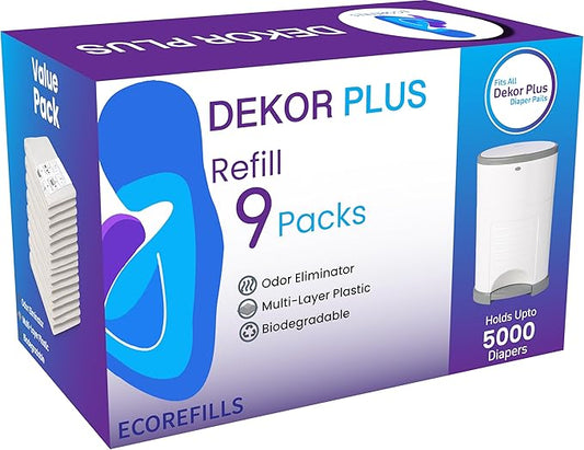 ECO-REFILLS Diaper Pail Refills - Fits Dekor PLUS Extra Thick, Powerful Odor Elimination & Fresh Powder Scent | Easy to Replace and Dispose of Diaper Bag 9 Count (Pack of 1)