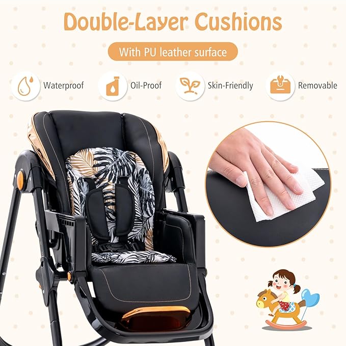 BABY JOY High Chair, Foldable Baby High Chair with Adjustable Height, Backrest & Footrest, Double Removable Tray, Portable Chair with Wheels for Babies & Toddlers of 6-36 Months (Black)