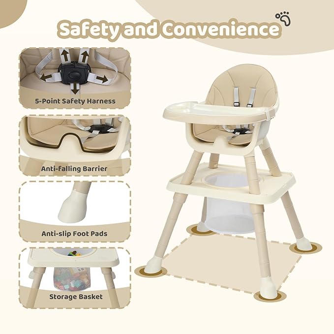 JOYMOR 7 in 1 High Chair for Babies and Toddlers, Convertible Kids Learning Table and Chair with Large Baske for Storage (Beige)
