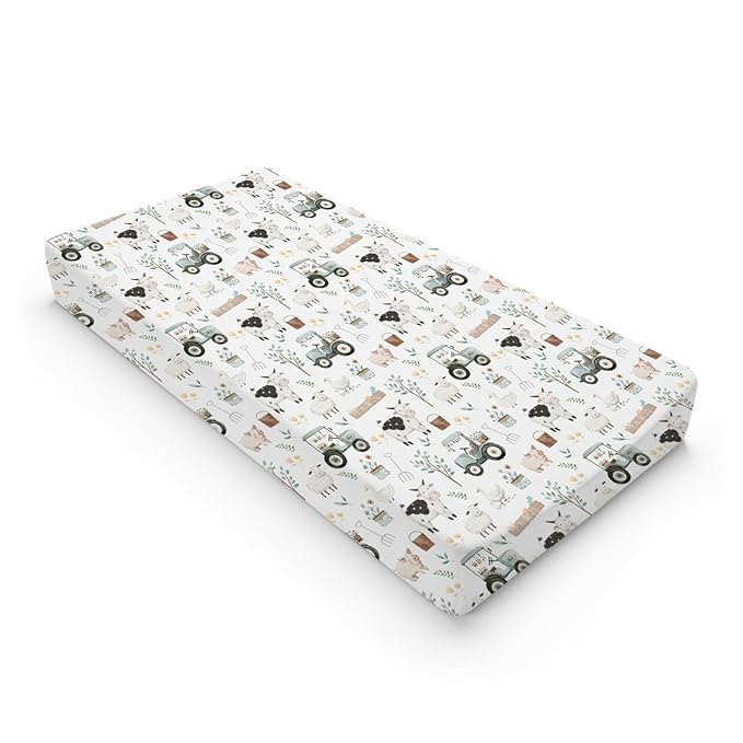Boho Farm Animals Life Baby Changing Pad Covers for Boy Girl 32''x16'' Cow Pig Lamb Duck Truck Leaves Fitted Diaper Change Table Mats Spring Farm Planting Soft Breathable Cradle & Bassinet Sheets