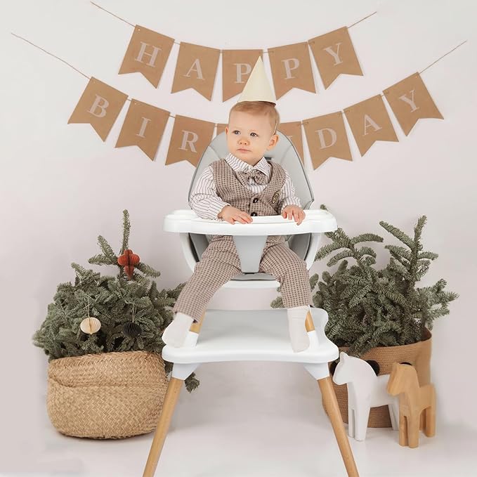 S AFSTAR 5 in 1 Baby High Chair, Convertible High Chairs for Babies and Toddlers, Toddler Chair and Table Set w/ 5-Point Safety Belt, Double Food Trays, PU Cushion, Gray