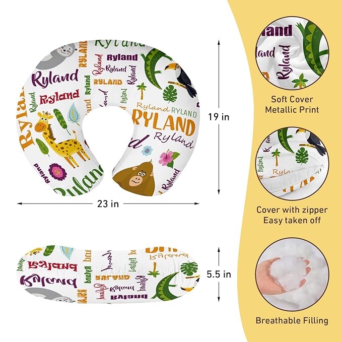 Baby Nursing Pillow Cover - Personalized Name Breastfeeding Pillow Cover with Animals Pattern, Stretchy Removable U-Shaped for New Moms, Soft Breathable Slipcover for Infant Boys Girls