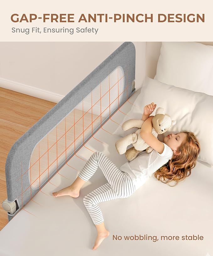 Bed Rail for Toddlers, Foldable & Swing Down, Gap Free Safety Anti-Pinch Double Crossbar Bed Rail Guard, Quick No-Tool Installation for Twin, Full, Queen, King Beds (Gray, 47in)