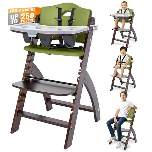 Abiie Beyond Junior Wooden High Chair for Babies and Toddlers - Convertible 3-in-1 Baby Highchair with Removable Tray - 6 Months to 250 Lb - Water Resistant - Mahogany Wood/Olive Cushion