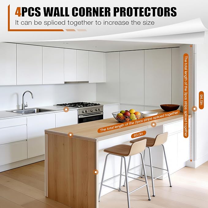 Magicheap 4 Pack Wall Corner Protector 31.5'', Self Adhesive Corner Protectors for Walls, Easy to Install Edge Guard Strip for Furniture Cabinet Shelf Drywall Baseboard Desk, 31.5in x 1.18in, Clear