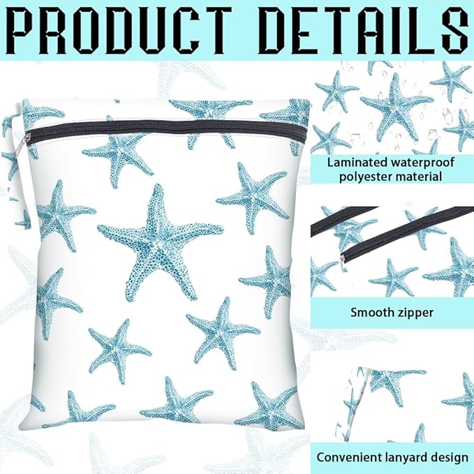 2Pcs 2 Sizes Starfish Wet Bag Swimsuit Beach Wet Bags Ocean Theme Polyester Waterproof Sandproof Reusable Storage Zipper Pouch for Friends Makeup Swimsuit Travel Dirty Diaper Clothes Gifts