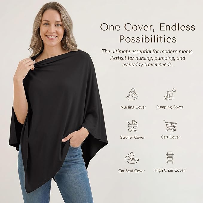 Konssy Nursing Cover for Breastfeeding, 360° Full Privacy Breathable Breastfeeding Cover, Multi-use Carseat Canopy(Black)