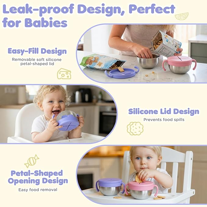 Snack Cups, 2 Pack Stainless Steel Toddler Snack Containers, Spill-Proof Snack Bowls, Silicone Removable Lids & Handles, Food Storage Containers, Dishwasher Safe Snack Container, Baby Shower Gifts