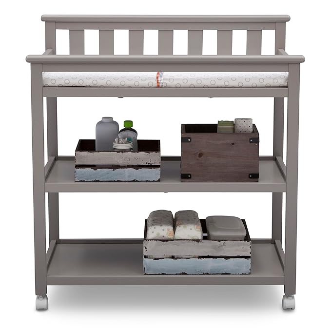 Delta Children Flat Top Changing Table with Wheels and Changing Pad - Greenguard Gold Certified, Grey