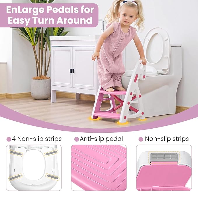 Potty Training Seat, Primlect Upgrade Ultra-Stable Toddler Toilet Seat for Kids Boys Girls, 2 in 1 Potty Training Toilet with Step Stool, Adjustable Seat and Ladder, Non-Slip Pad, Splash Guard(Pink)