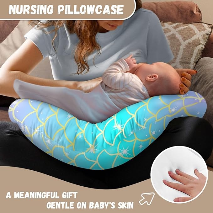 Forchrinse Blue Mermaid Scales Nursing Pillow Cover for Girls Princess Nursing Pillow Slipcover for Breastfeeding Moms,Easy to Care