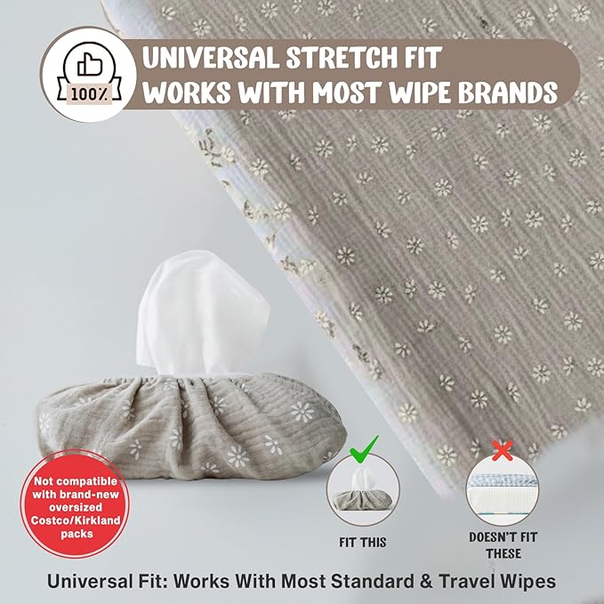 Baby Wipes Cover – Universal Size, One Size Fits All Wipes Packages | Muslin Cotton Tissue Cover for Nursery, Diaper Bag & Changing Table, Station | Gingham & Neutral Patterns (Beige Daisy)