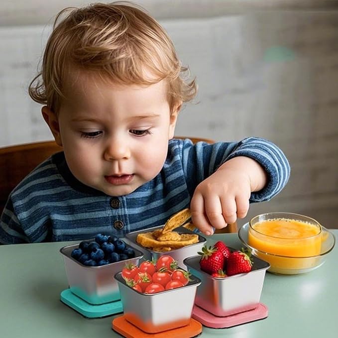 304 Premium Stainless Steel Snack Containers with Silicone Lids, Snackle Box Containers, Easy-Open Leak-Proof Kids for Taking Out for a Picnic, Lunch Box and Travel. (Purple Pink Green-3, 6 OZ)