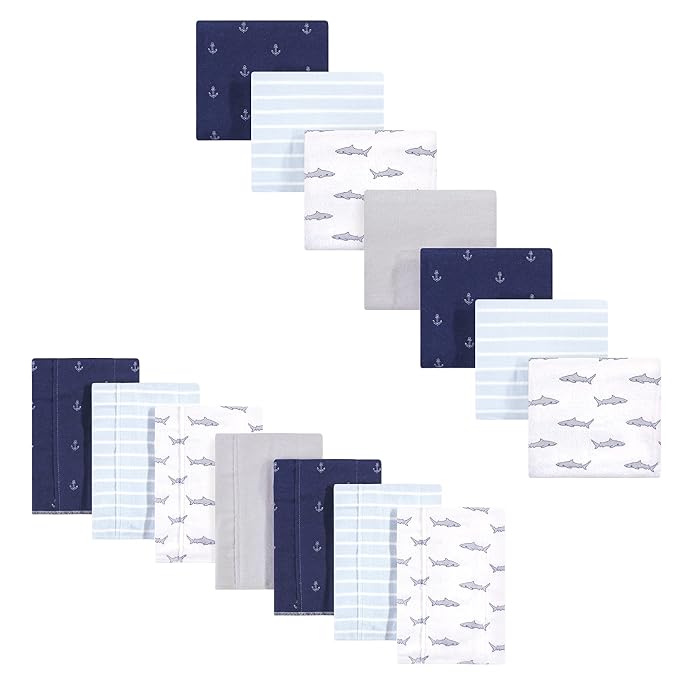 Hudson Baby Unisex Baby Cotton Flannel Burp Cloths and Receiving Blankets, 14-Piece, Shark, One Size