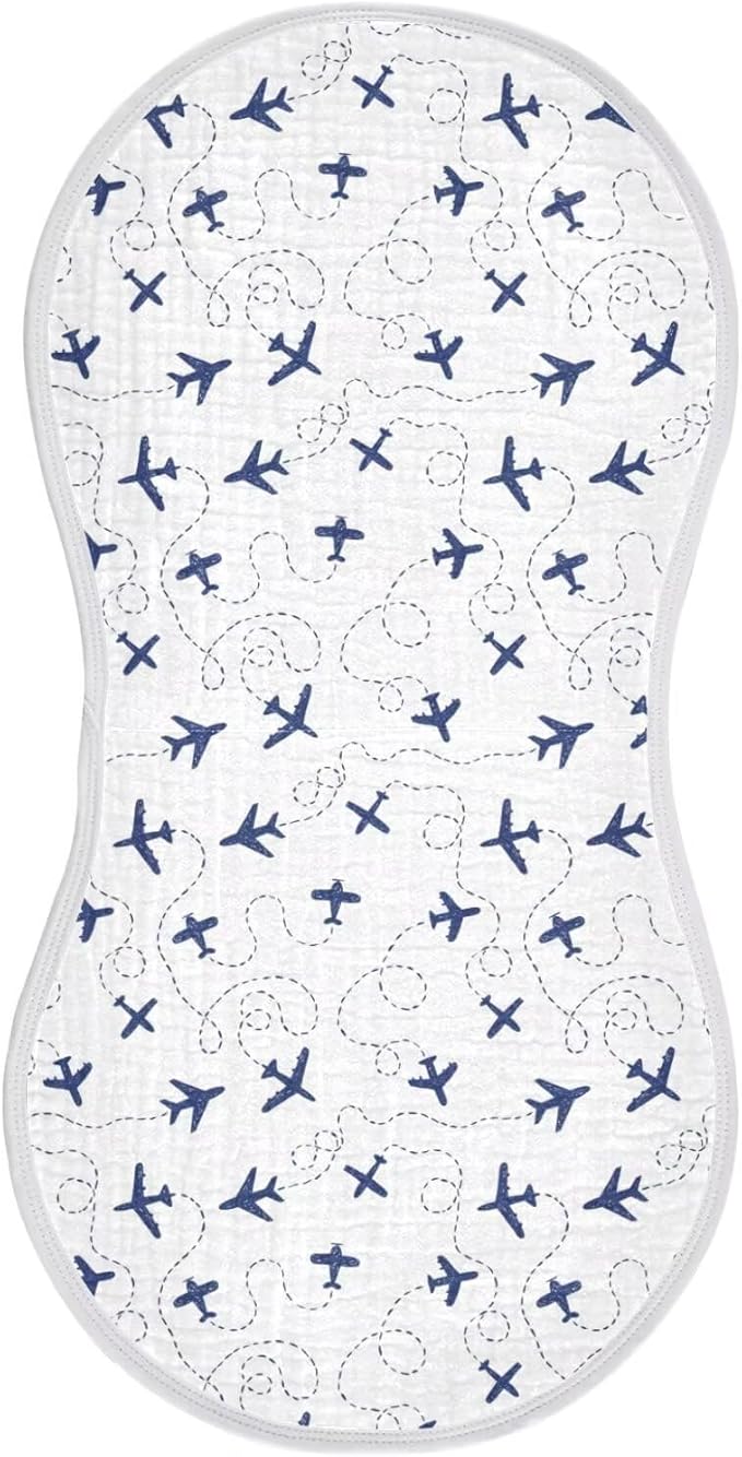 Baby Muslin Burp Cloths Set of 1 Blue Airplanes Muslin Washcloths Air Plane Transportation Sky White Milk Spit Up Rags Newborn Towel Burp Cloth Bib for Unisex Boys and Girls, 22 x 11 Inch