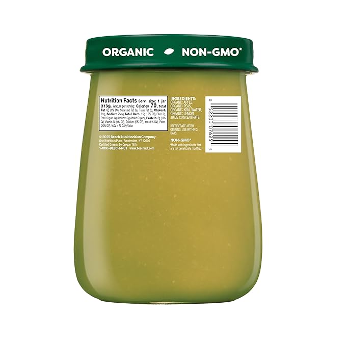 Beech-Nut Organic Baby Food Jars, Organic Apple Pea & Kiwi Baby Puree, Stage 2 for Babies 6 Months and Up, Non-GMO, 4oz Glass Baby Food Jars, 10ct