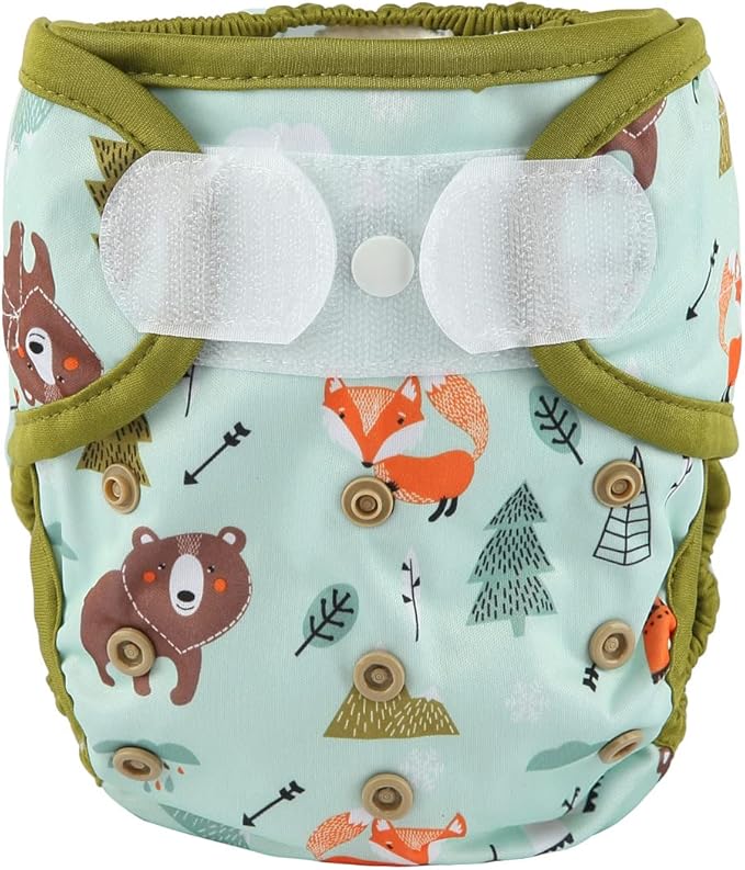 Baby Cloth Diaper Cover Nappy Hook and Loop Double Gusset 6.6lbs to 33lbs (Teepee Bears Foxes) One Size
