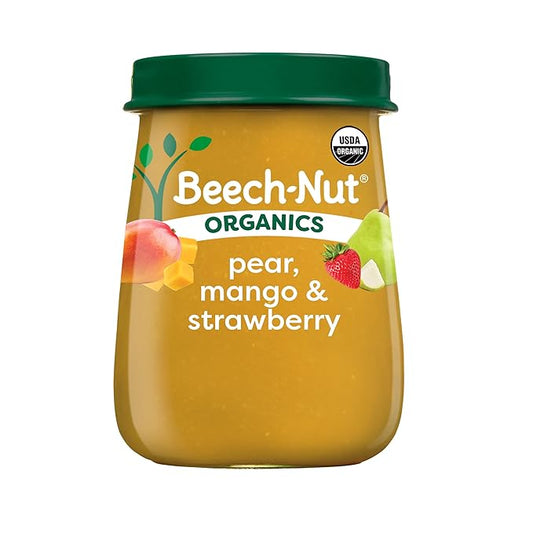 Beech-Nut Organic Baby Food Jars, Organic Pear Mango & Strawberry Baby Puree, Stage 2 for Babies 6 Months and Up, Non-GMO, 4oz Glass Baby Food Jars, 10ct