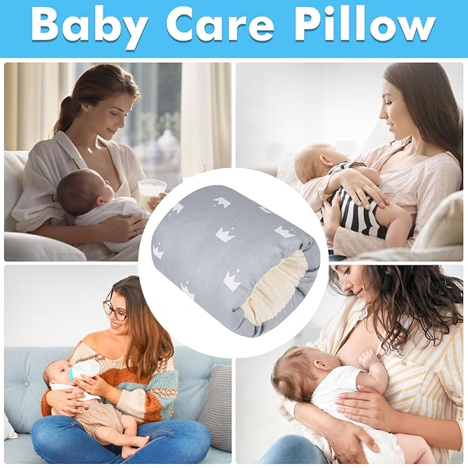 Baby Feeding Arm Pillow,Soft Cotton Bottle Nursing Arm Pillows for Newborn,Breastfeeding Pillows for More Support for Mom and Baby,Portable and Washable,Ergonomic Nursing Essentials(Grey Crown)