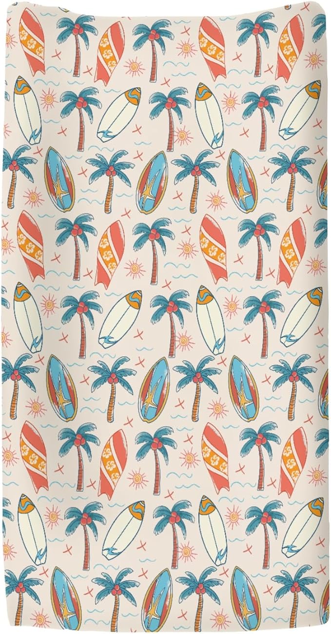 Retro Boho Surfing Changing Pad Covers for Baby Girls Boys Vintage Summer Surfboards Coconut Palm Trees Sun Fitted Change Table Pad Covers Mats Beach Life Soft Diaper Changing Pad Sheets 32''×16''