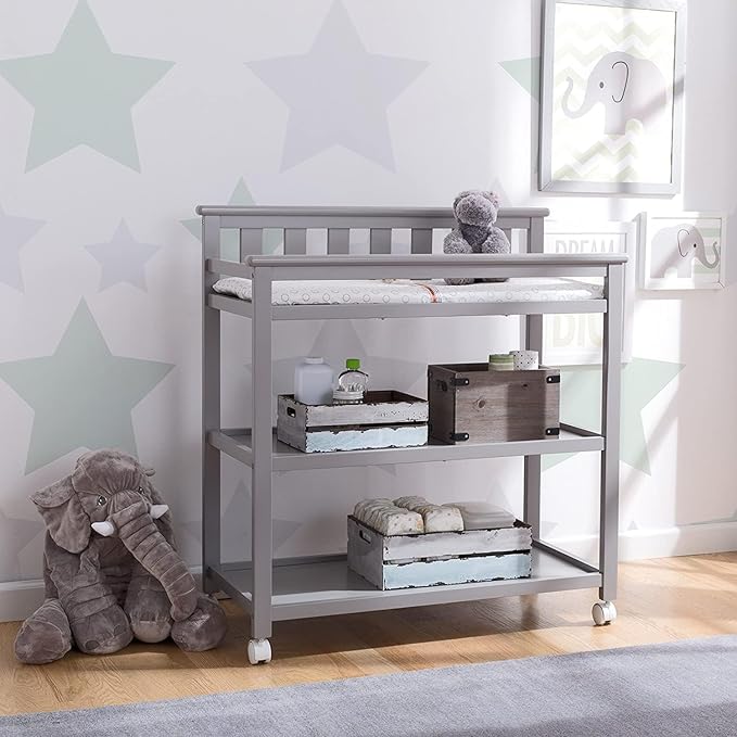 Delta Children Flat Top Changing Table with Wheels and Changing Pad - Greenguard Gold Certified, Grey