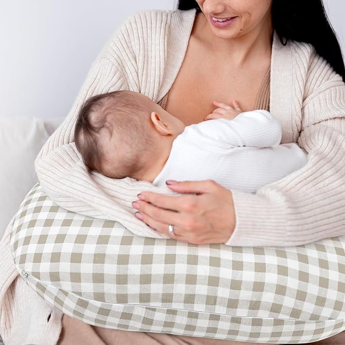 DILIMI Muslin Nursing Pillow Cover 2 Pack, Removable Nursing Cover for Breastfeeding Pillows, Ultra Soft Comfortable Slipcover for Baby Girl and Boy, Beige and Khaki Checkered