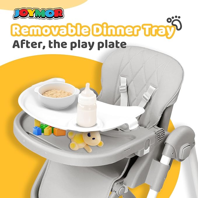 JOYMOR 4 in 1 Folding Baby High Chair for Babies to Toddlers, Infant Eating Foldable Highchair w/Leather Seat Cushion, 4-Position Removeable & Adjustable Tray, 5-Point Harness (Gray)