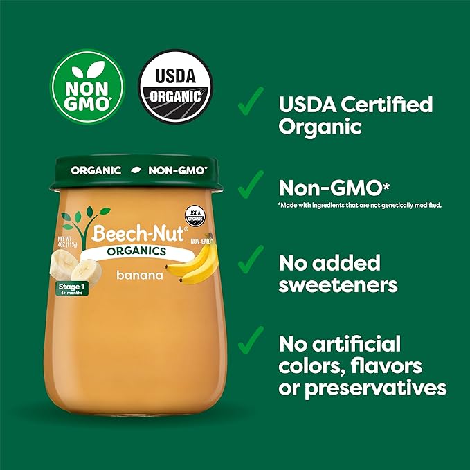 Beech-Nut Organic Baby Food Jars, Organic Banana Puree, Stage 2 Baby Food for Babies 6 Months and Up, Non-GMO, 4oz Glass Jars, 10ct (Pack of 2)