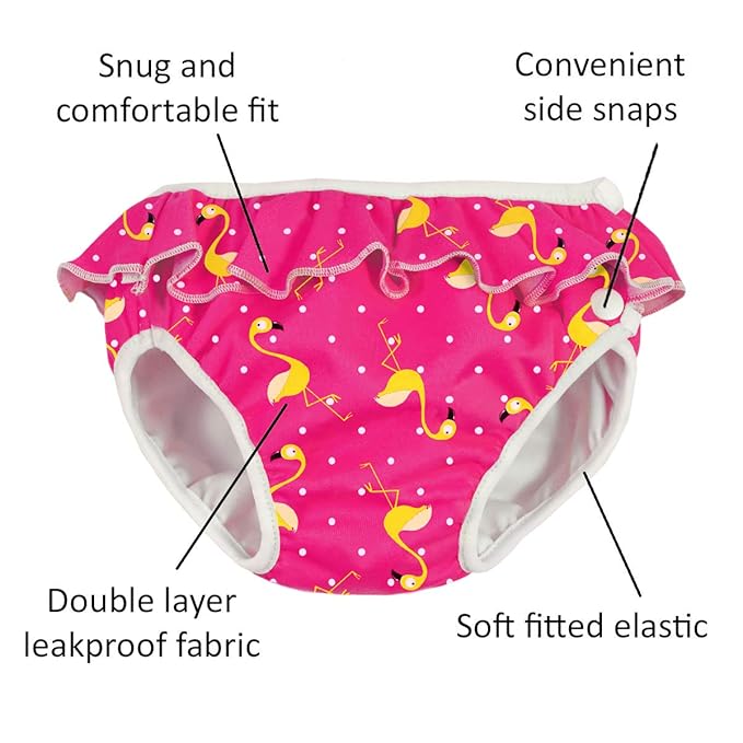 Imse Vimse Reusable Swim Diaper for Baby and Toddler Girls with Ruffle and Snaps (Pink Flamingo, L 20-26 lbs)