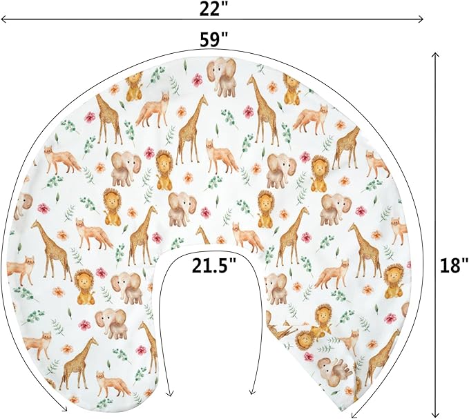 Watercolor Safari Animals Baby Nursing Pillow Covers for Boy Girl Lion Giraffe Elephant Floral Leaves Nursery Pillowcase for Breastfeeding Pillows African Jungle Soft Stretchy Slipcover for Infant