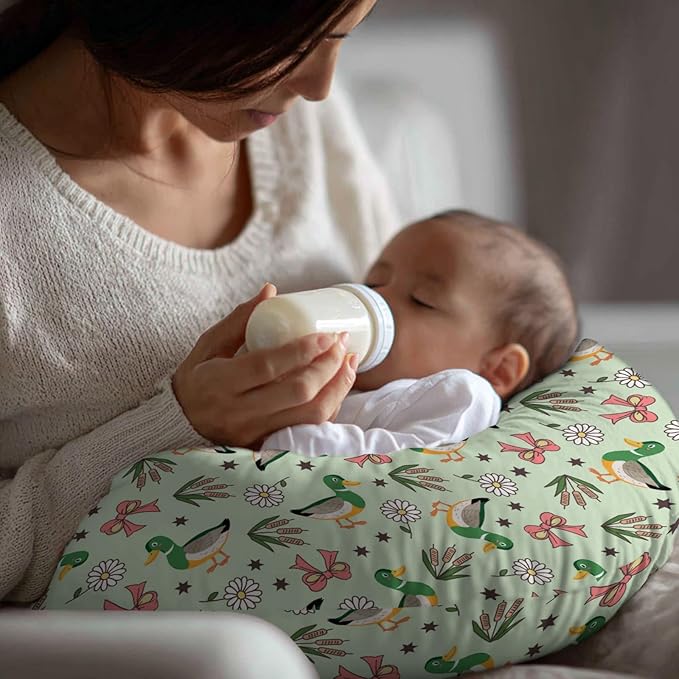 Cute Mallard Ducks Bows Reeds Nursing Pillow Covers Green Ducks Daisy Flowers Nursing Covers for Breastfeeding Hunting Season Pillow Slipcover for Baby Girls Boys Newborn