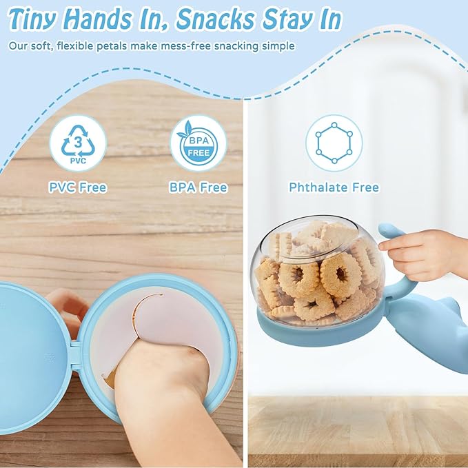 SELEWARE Spill-Proof Toddler Snack Cups 4-Pack - No Mess Snack Catcher with Handle, BPA-Free Tritan & Silicone - No Spill Snack Container for Kids, Baby & Toddlers - Cute Frog Design, Dishwasher Safe