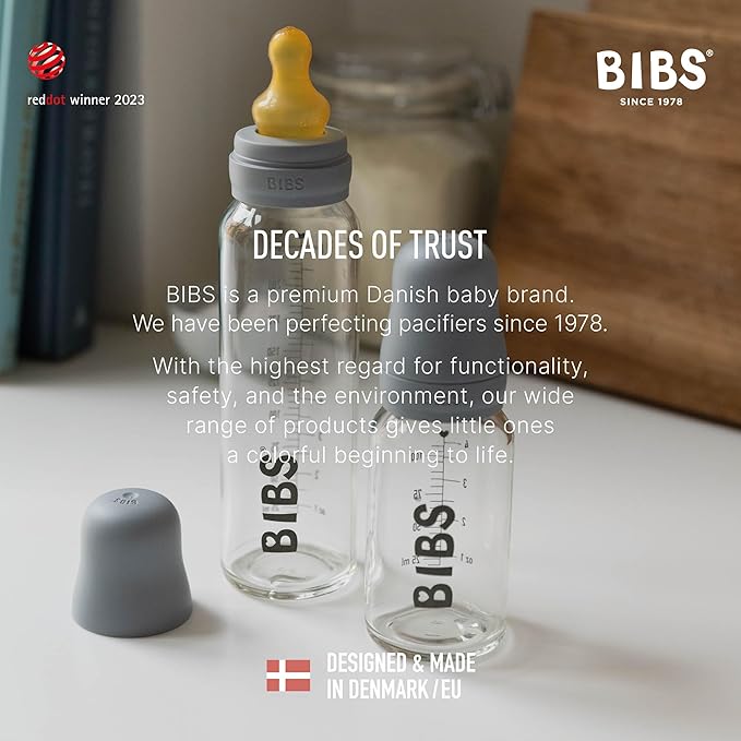 Bibs Baby Glass Bottle | Anti-Colic Borosilicate Glass Bottles | Natural Vented Round Natural Rubber Latex Nipple | Consistent Flow Rate | 3.7 oz/110 ml | 2 Pack | Blush