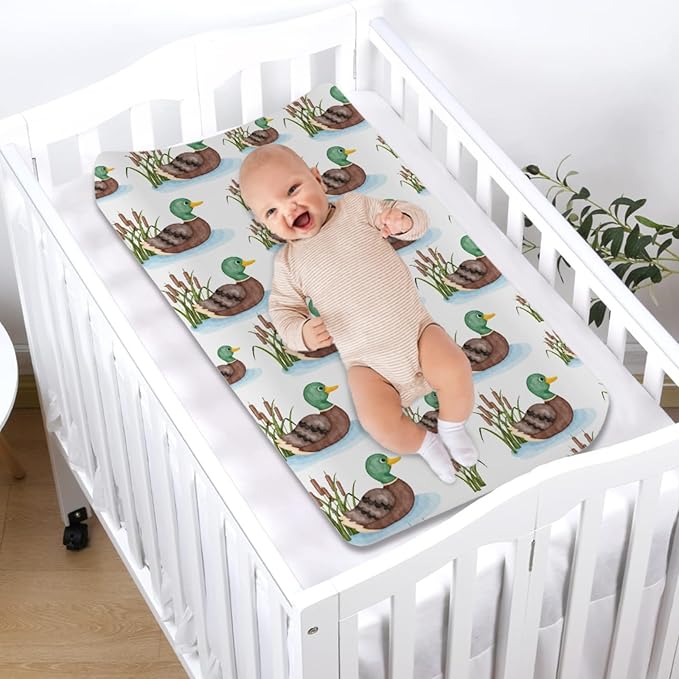 Cartoon Mallard Duck Lake Leaves Changing Pad Covers Duck Hunting Reeds Diaper Changing Pad Cover Sheets for Boy Girl Wild Duck Soft Stretch Fitted Baby Change Table Pad Mats Covers 32''x16''